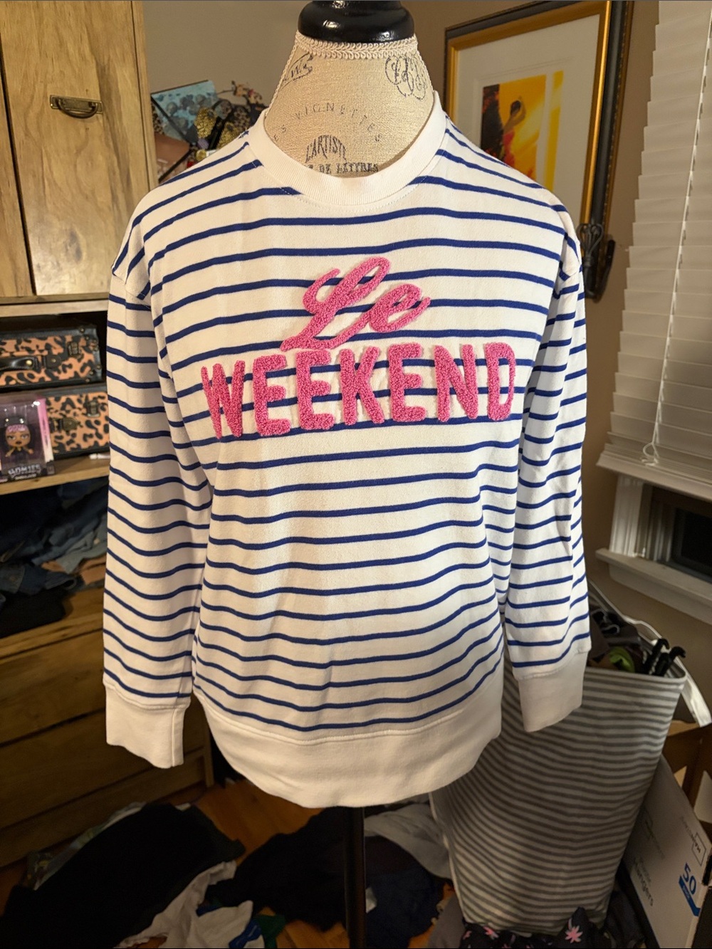 Shiraleah White & Blue Striped 'Le Weekend' Sweatshirt - Pink Applique - Small